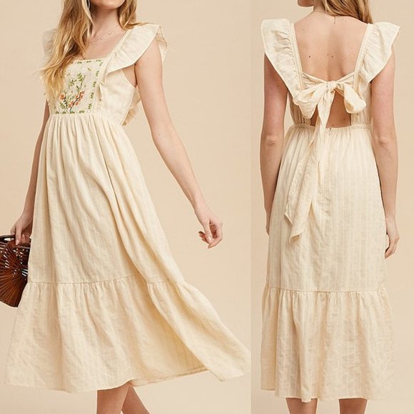 NEW Cream Apron Ruffle Square Neck Floral Embroidered Tie Back Cotton Midi Dress - Picture 9 of 12